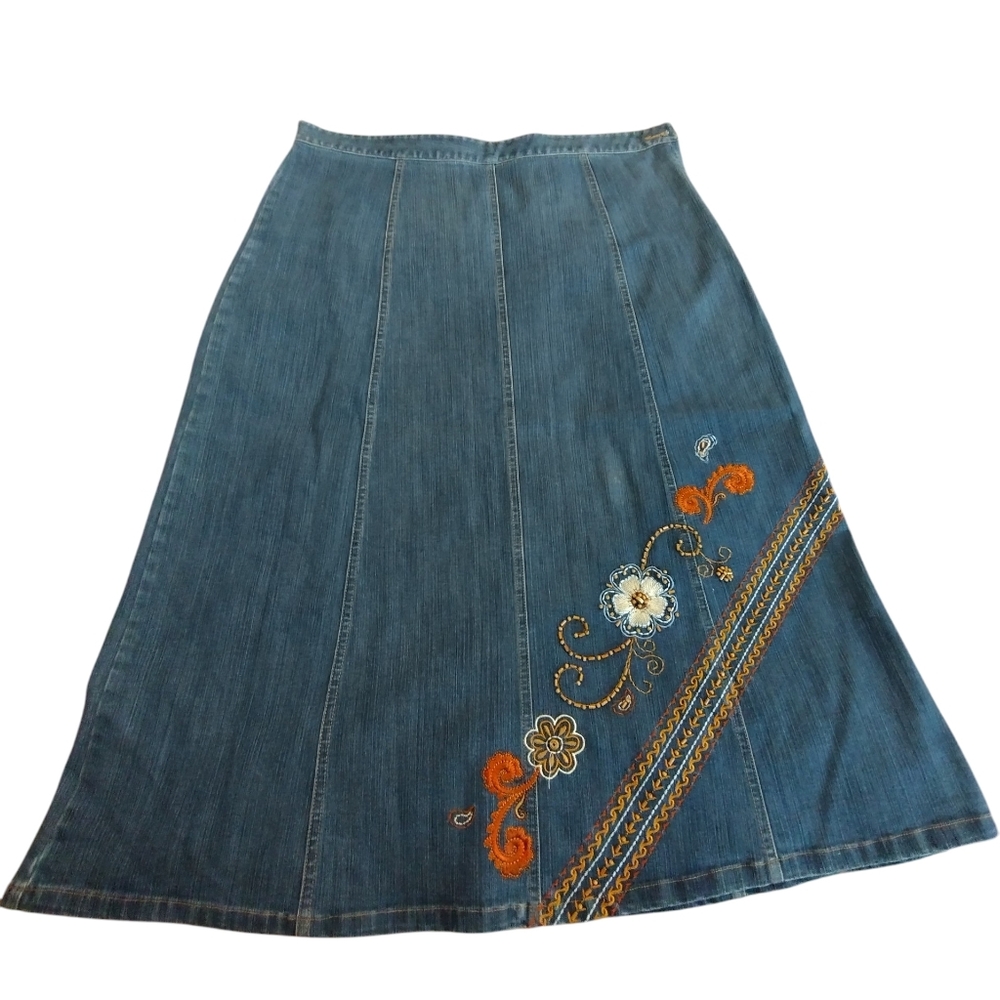 Vintage Graff Wear Embroidered Denim Skirt - Blue with Orange Bead Accents Boho